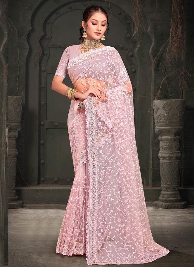 Net Pink Wedding Wear Sequins Work Saree